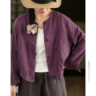 园园美衣复古100%亚麻衬衫外套女春款圆领单排扣短款衬衣开衫上衣