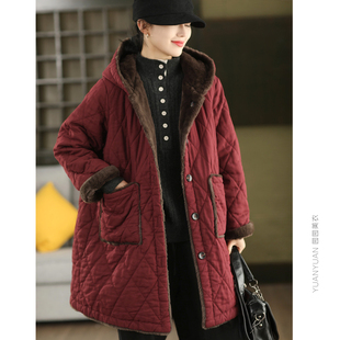 内里仿兔毛厚绒保暖连帽加厚外套女棉衣中长款加绒保暖棉袄棉服冬