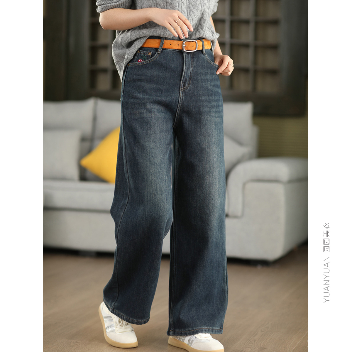 园园美衣冬季复古水洗牛仔加绒裤女高腰显瘦直筒裤加厚保暖长裤