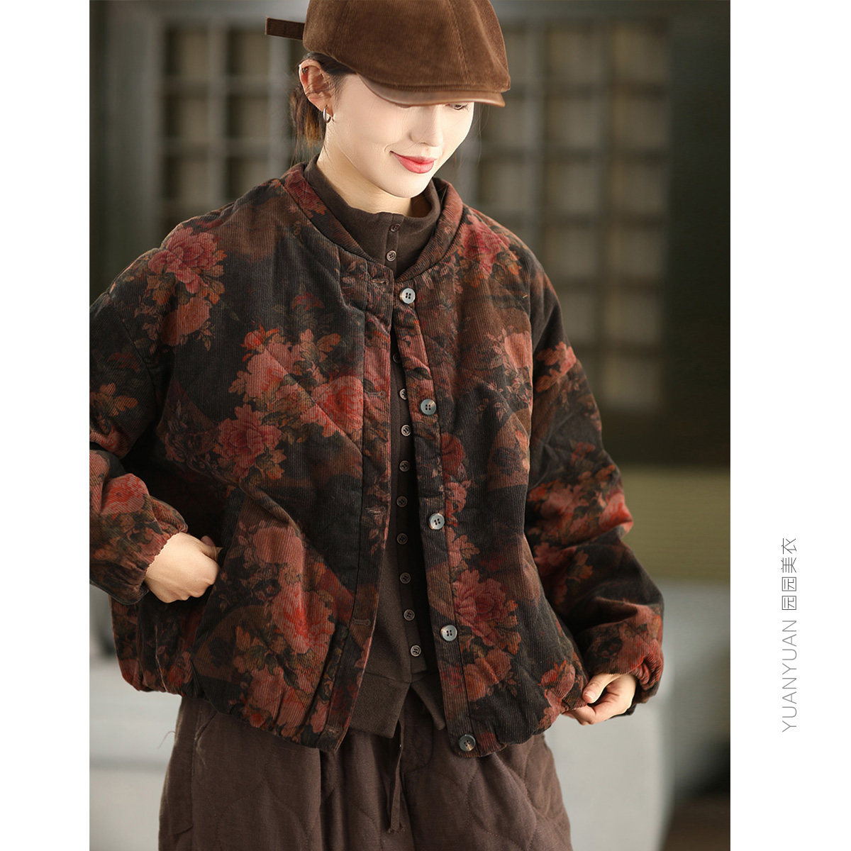 炒色印花灯芯绒夹棉棉袄外套