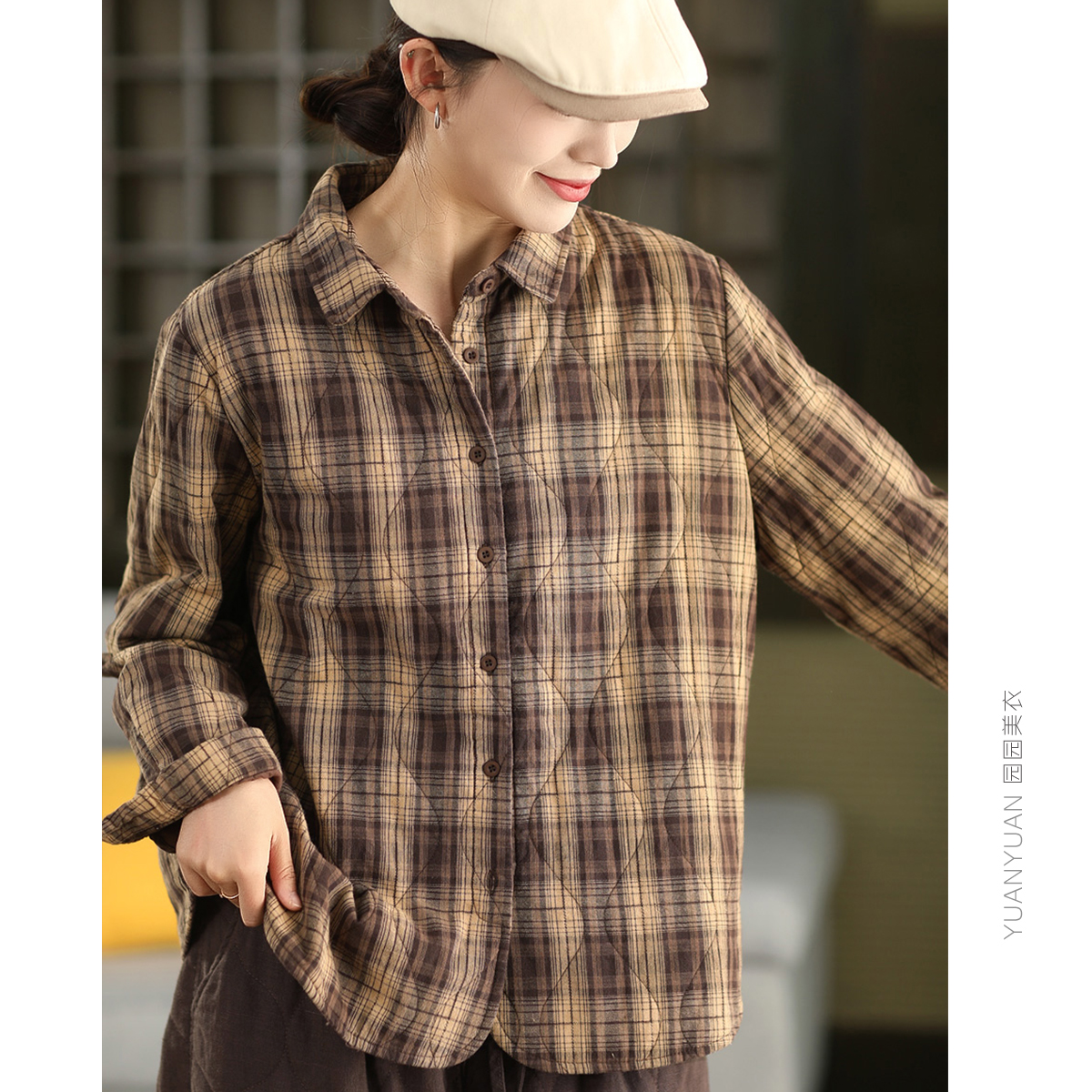 色织格纹全棉夹棉衬衫外套