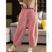 夏 长裤 园园美衣复古100%棉休闲裤 女松紧腰显瘦立体廓形全棉哈伦裤