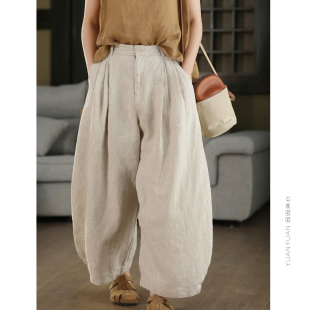 休闲麻裤 文艺弯刀裤 女复古显瘦宽松灯笼裤 重工36支100%亚麻阔腿裤