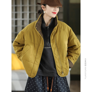 高端进口冬季复古棉夹棉外套女内里拼接格纹加厚保暖棉袄棉服