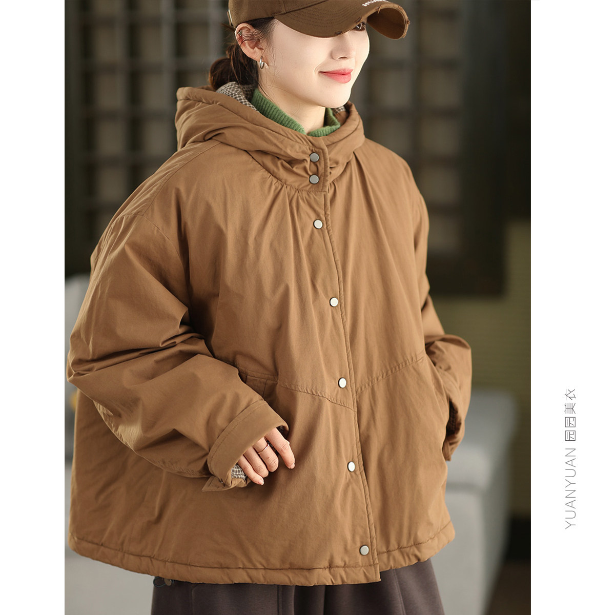 园园美衣冬季复古高密棉夹棉连帽外套女内里色织格纹加厚保暖棉袄,女装/女士精品,棉衣/棉服,淘宝优惠券,粉丝福利购,淘宝优惠卷