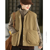 园园美衣冬季 复古100%棉夹棉马甲女大口袋无袖 加厚保暖马夹外套