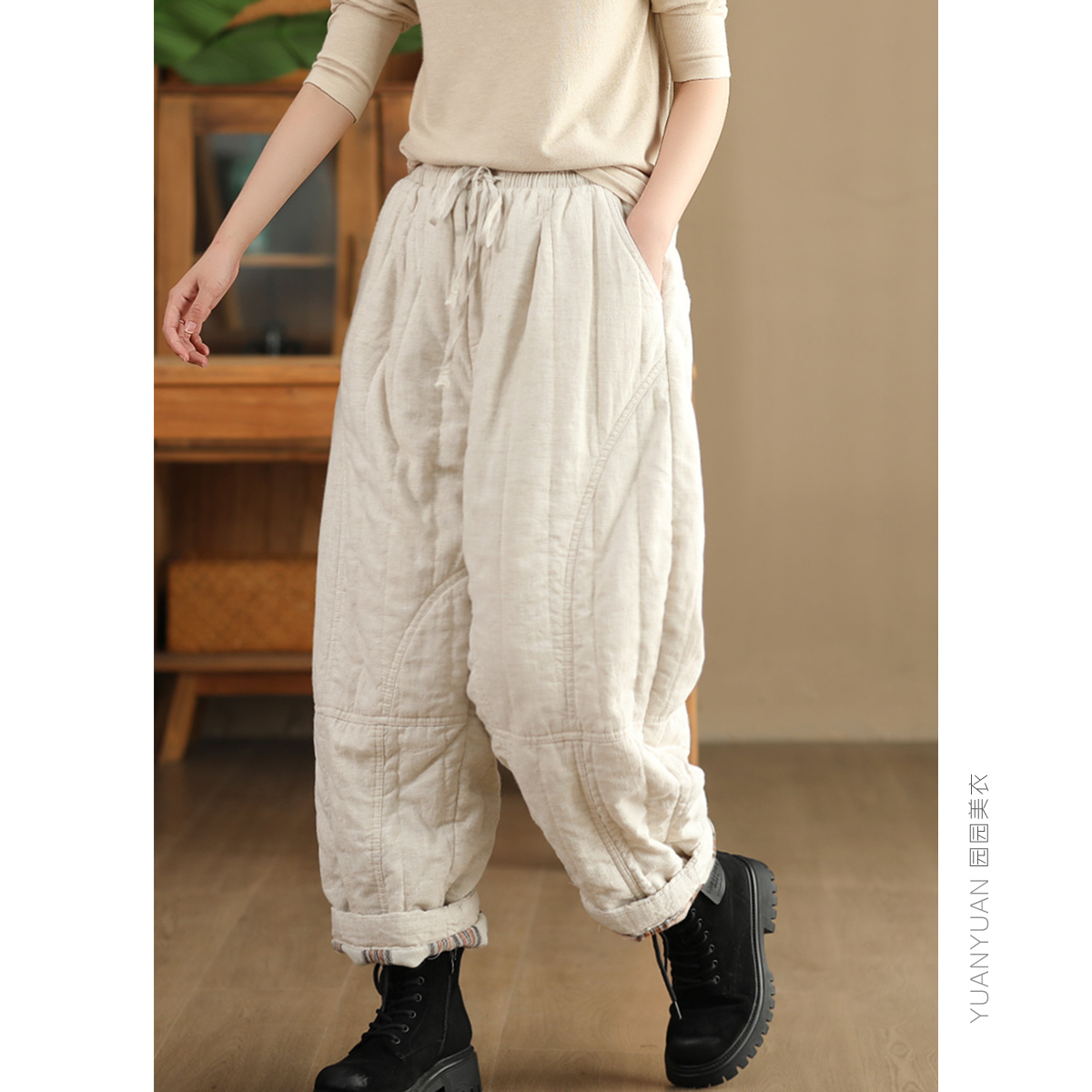 夹棉松紧腰复古加厚棉裤