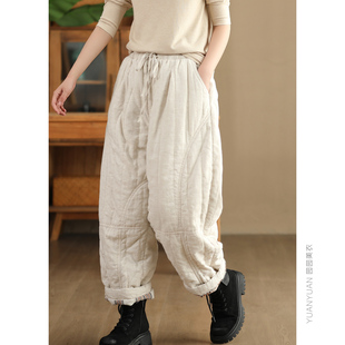 复古炒色100%亚麻砂洗加厚棉裤 冬 女文艺内里色织格纹夹棉保暖长裤