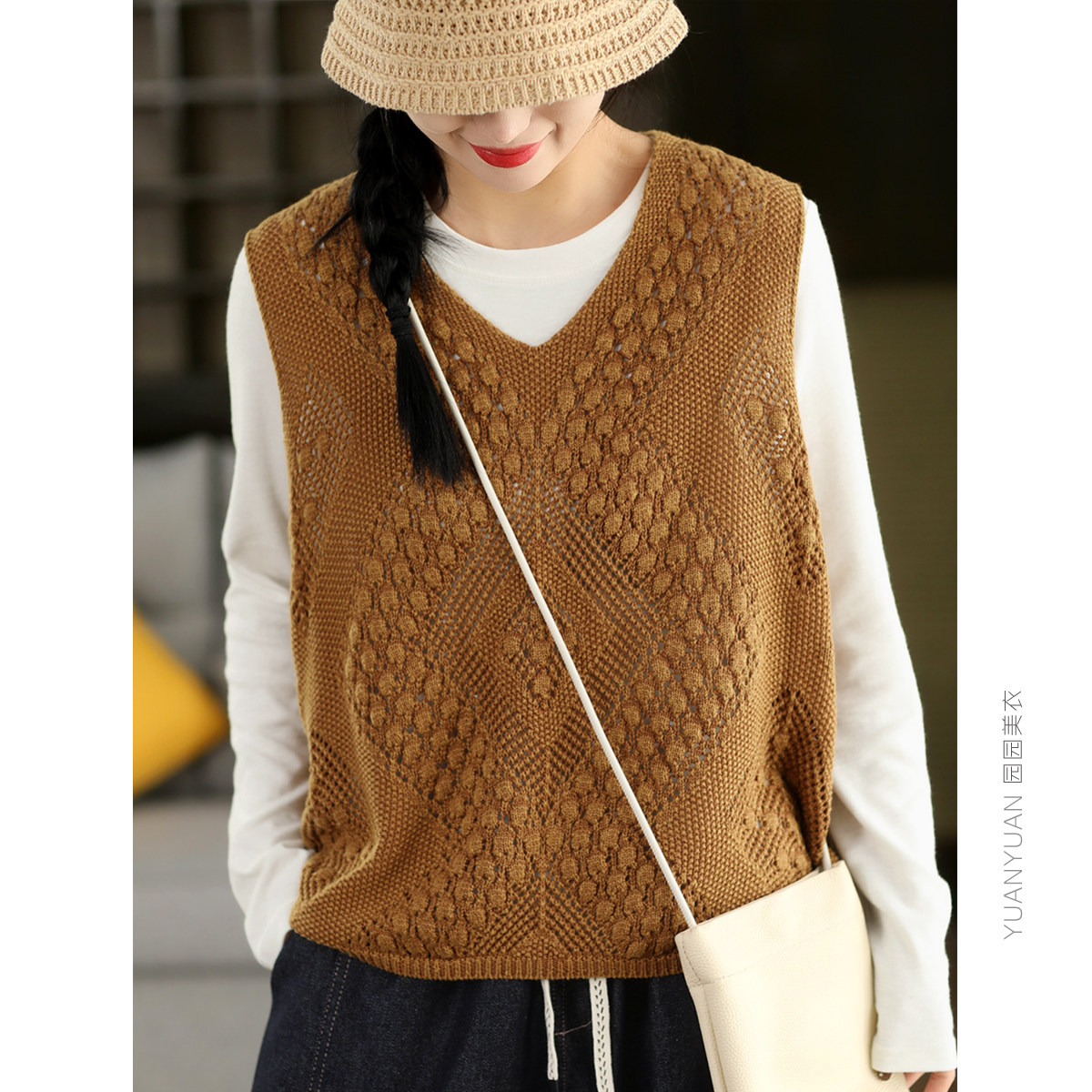 春款重工镂空钩花炒色棉线针织上衣马甲文艺V领无袖背心套头马夹