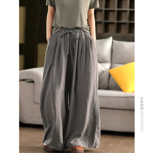 拖地长裤 系带休闲显瘦裙裤 垂顺宽松阔腿裤 重工砂洗100%麻阔腿裤