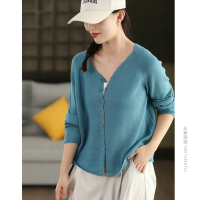 棉线针织毛衣外套单排扣开衫