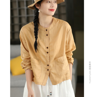 园园美衣21支100%亚麻衬衫春款女气质立领长袖单排扣衬衣开衫上衣