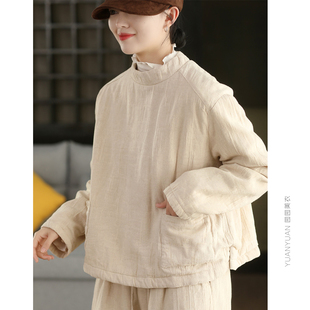园园美衣冬季复古亚麻棉夹棉套头棉衣女内里全棉加厚保暖长袖上衣