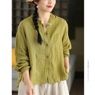 衬衣开衫 文艺立领纯色长袖 外套春款 复古砂洗100%法国雨露亚麻衬衫