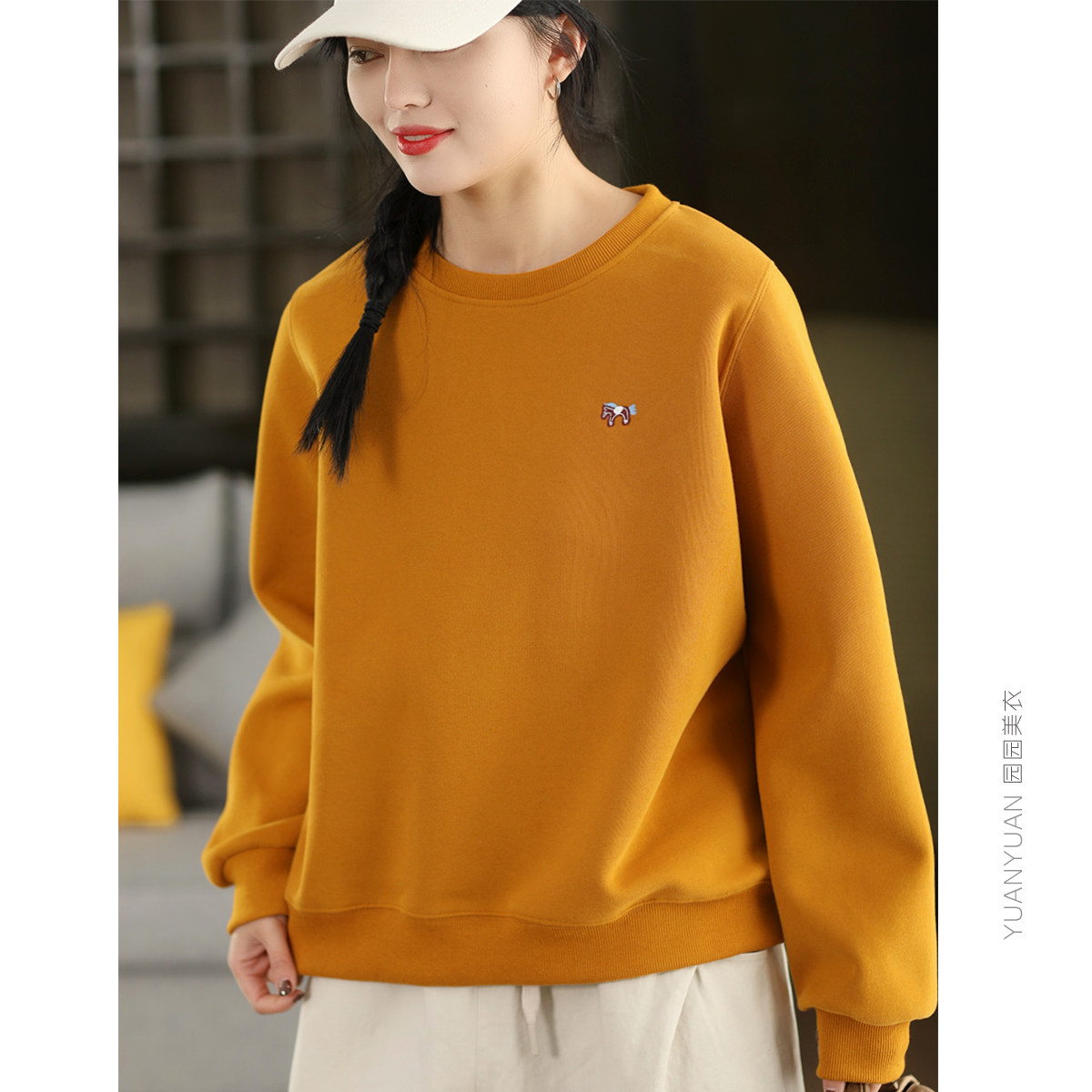 园园美衣新款小马刺绣针织棉卫衣春款螺纹圆领套头衫休闲运动上衣