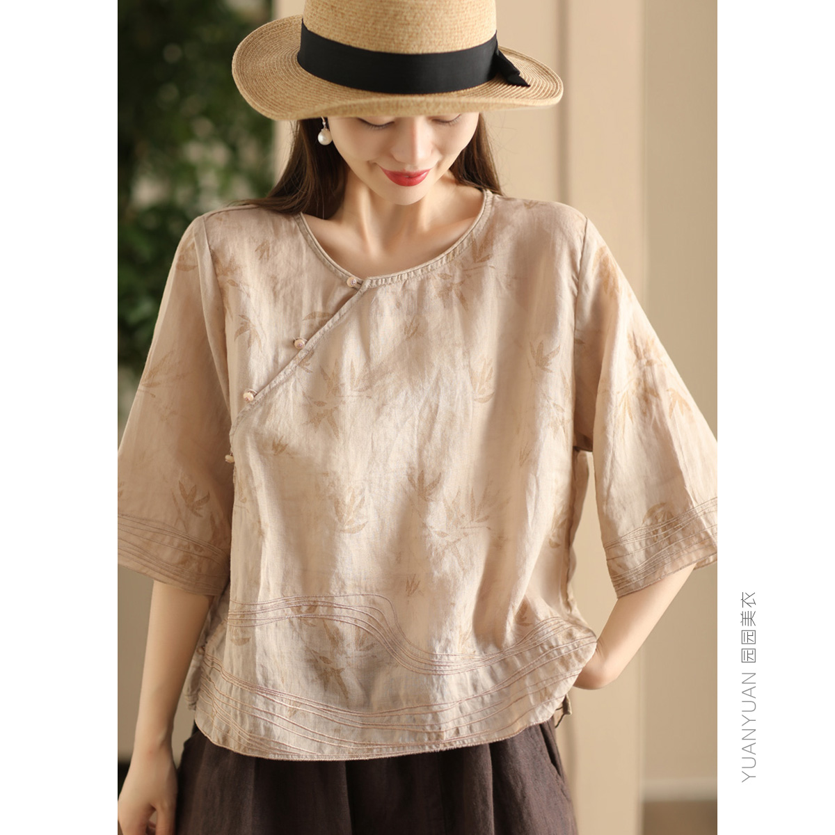 宽松复古苎麻印花衬衫