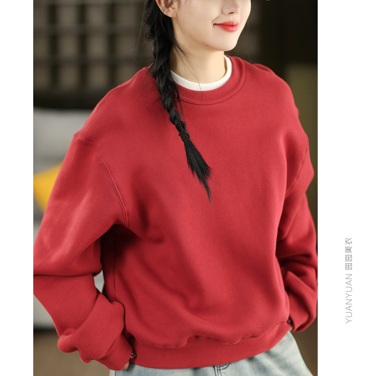 园园美衣新款复古针织棉卫衣女早春款内里细绒套头衫休闲运动上衣