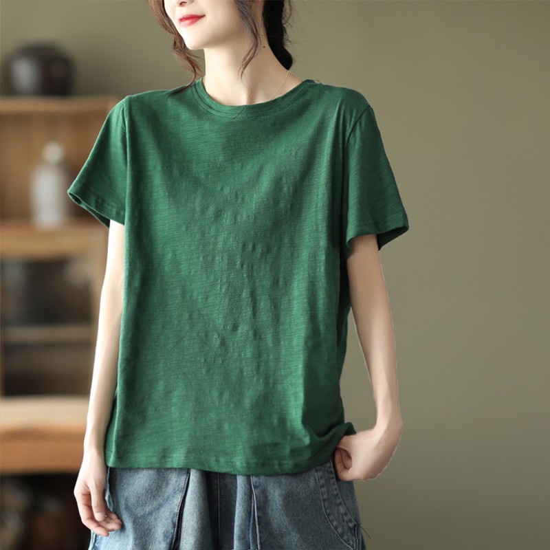 园园美衣夏季新款文艺全棉短袖上衣宽松百搭竹节棉套头衫纯色T恤