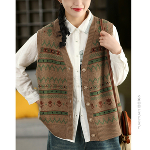 高品质 重工费尔岛提花羊毛针织马甲女春季时尚单排扣V领无袖马夹