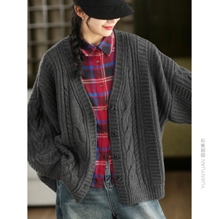 高品质 重工绞花羊毛针织外套春款时尚麻花V领毛衣开衫外搭上衣