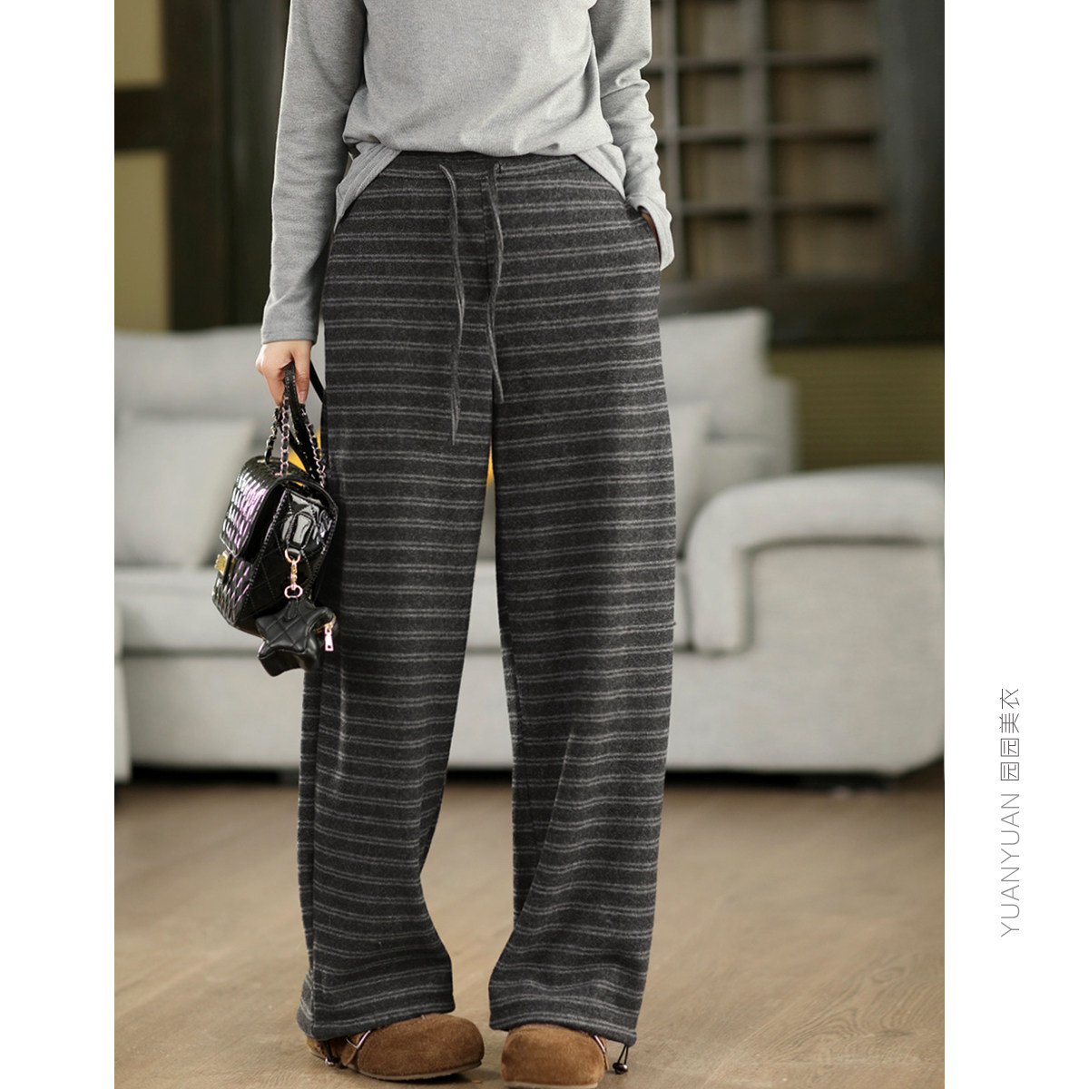冬季复古羊绒手感加厚条纹裤时尚毛呢内里加绒保暖阔腿裤显瘦长裤
