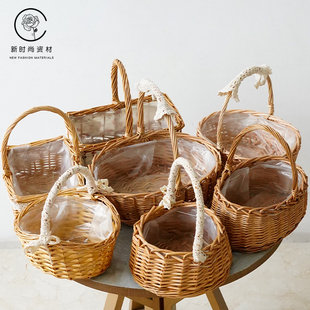 文艺范创意干花鲜花花篮手提野餐花束摆件手工真藤编织插花小篮子