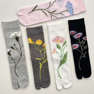 日系文艺复古花朵分趾袜春夏ins小众植物花卉中筒袜无骨棉二趾袜