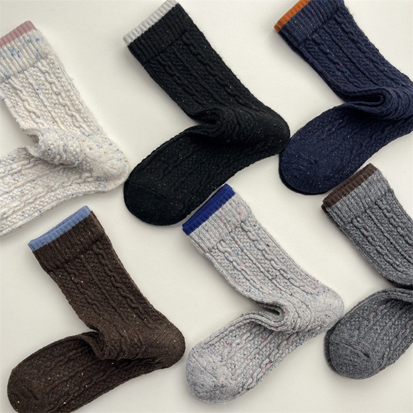 秋冬撞色彩点纱加厚保暖羊毛中筒袜日系麻花纹堆堆袜纯色百搭袜子