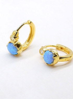 S925银简约炫彩蓝澳宝耳环高级感合成欧珀耳扣耳圈闪钻耳饰04821