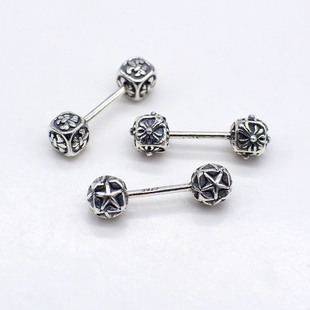 S925银立体方形十字架船锚耳钉韩版东大门复古泰银星星耳饰银饰