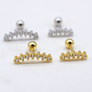 通体S925银一字排钻螺丝耳骨钉细针耳饰耳扣外螺纹锆石耳钉女银饰