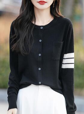 2025春夏新款圆领精纺羊毛开衫女宽松黑色长袖针织羊绒毛衣外套