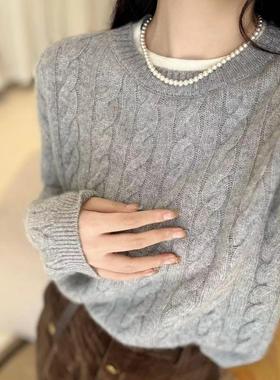 假两件100%纯羊毛衫女2025秋冬新款麻花圆领针织衫宽松灰色毛衣