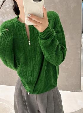 100%纯羊毛拉链针织开衫女2025秋冬新款圆领麻花毛衣绿色羊绒外套