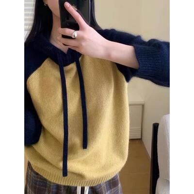 2025秋冬新款100%纯羊毛衫女连帽宽松拼色针织毛衣加厚打底衫上衣