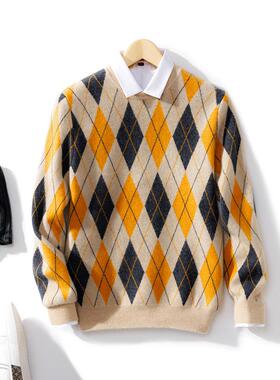2025秋冬季拼色菱形100%羊毛衫男毛衣圆领加厚青年休闲针织打底衫