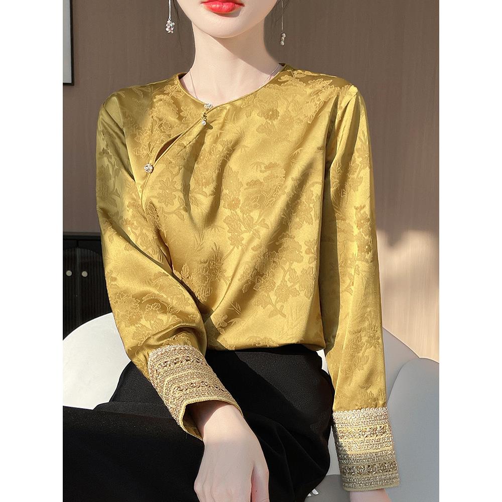 2025春夏新款新款中国风格醋酸醋酸扣上衣女士高品质缎丝提花衬衫