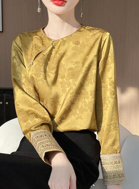 2025春夏新款新款中国风格醋酸醋酸扣上衣女士高品质缎丝提花衬衫