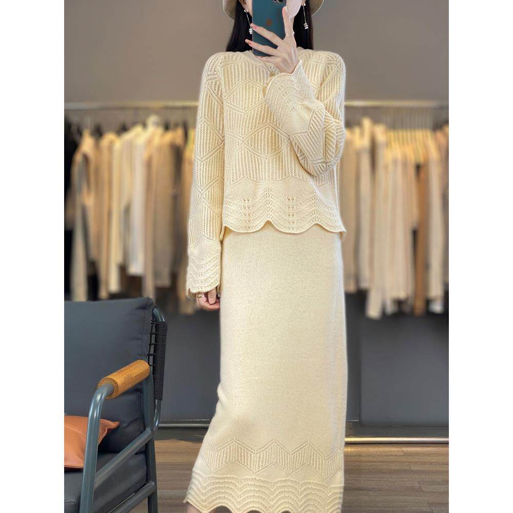 秋冬款花边圆领羊绒衫女半身裙套装中长款显瘦羊毛针织毛衣两件套