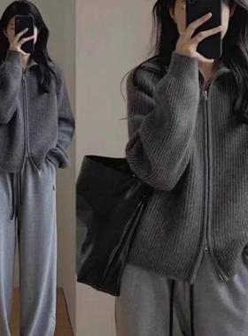 高领拉链100%纯羊毛开衫女2025秋冬新款欧货翻领加厚针织毛衣外套