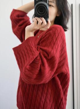 2025秋冬新款100%纯羊毛衫女圆领加厚红色毛衣慵懒麻花针织打底衫