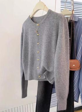 美利奴100%纯羊毛开衫女士圆领2025新款春秋季灰色针织毛衣夹克上