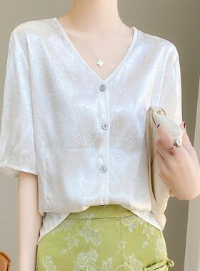 2025春夏新款醋酸丝缎半袖v领开衫，时尚v领披肩多功能t恤外穿