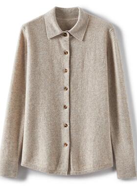 秋冬新款100%纯山羊绒衫女衬衫领开衫时尚简约外搭纯色宽松Polo领