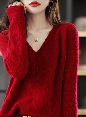 秋冬新款羊绒衫女V领镂空薄款毛衣宽松红色100羊毛上衣针织打底衫