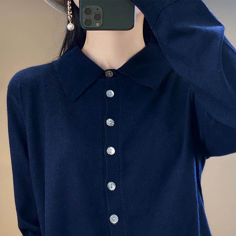 POLO领精纺羊毛衫女士24春秋新款开衫衬衣外套上衣显瘦纯色针织衫