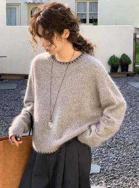 2025秋冬新款100%纯羊毛衫女圆领宽松灰色毛衣慵懒风羊绒针织打底