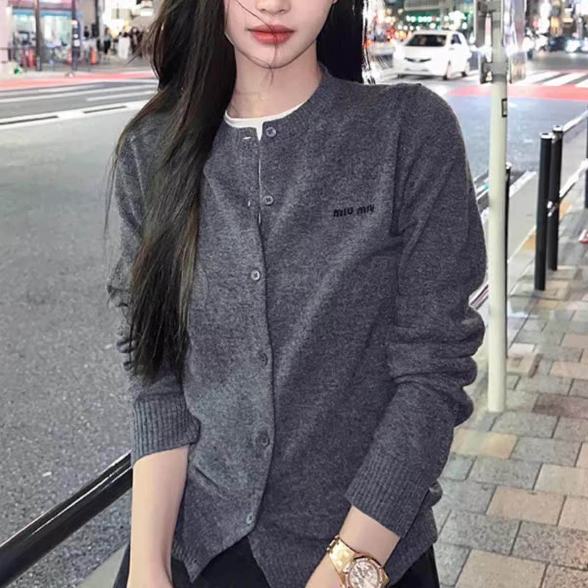 2025春秋新款100%纯羊毛开衫女圆领长袖针织外套宽松显瘦毛衣上衣