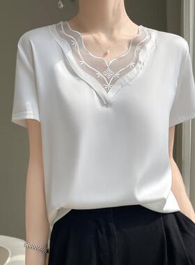 2025夏季新款蕾丝刺绣短袖女醋酸缎面纯色V领上衣时尚简约短袖