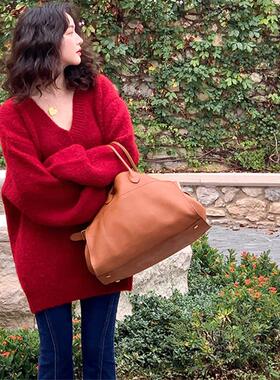 中长款V领100%纯羊毛衫女2025秋冬新款宽松羊绒针织加厚红色毛衣